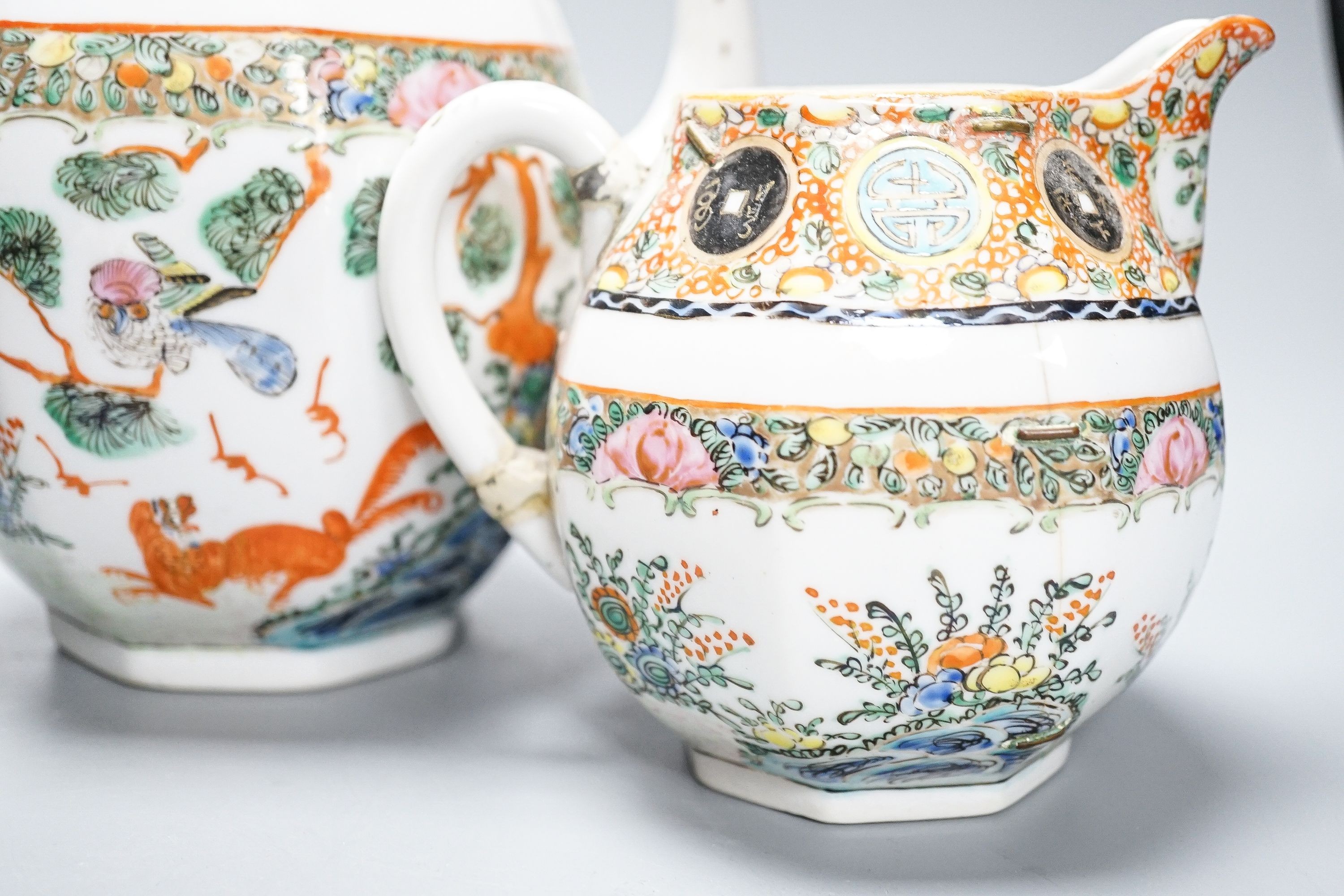 A Chinese celadon glazed vase, 24cm and a Chinese famille rose teapot and matching cream jug, a.f.